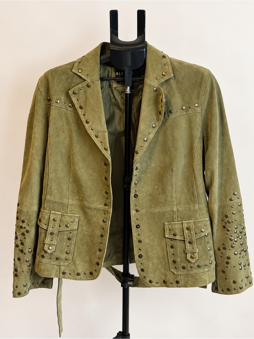 Olive Green Studded Faux Suede Jacket